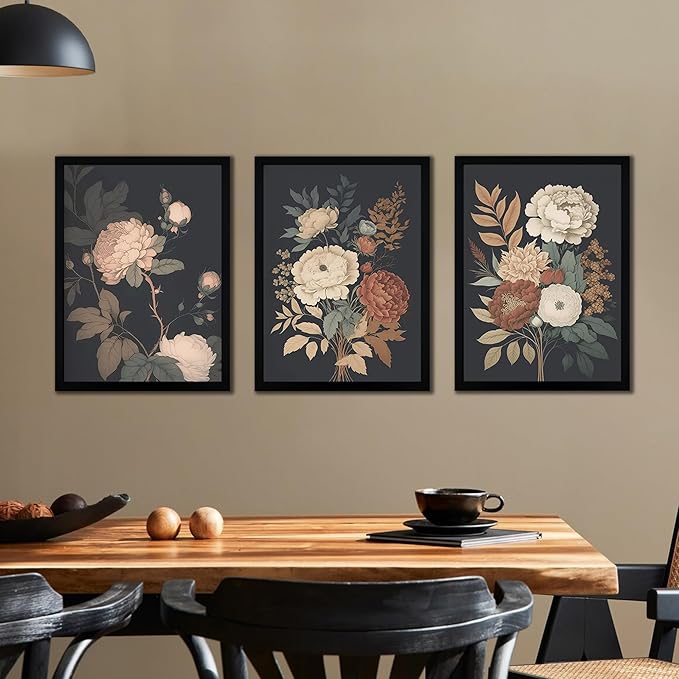 arfitest Vintage Floral Wall Art Dark Plant Canvas Wall Decoration Farmhouse Print Black Peony Painting Wall Decoration Moody Artwork For Living Room Bedroom 16x24 Inch Frame Three-Piece Set