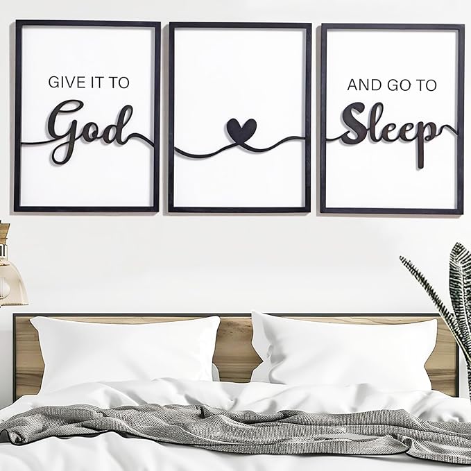 3D Wood Give it to God and Go to Sleep Signs 36x16”, Above Bed Wall Decors, Black And White 3D Bedroom Wall Art (12x16 inches, Set of 3, Framed)