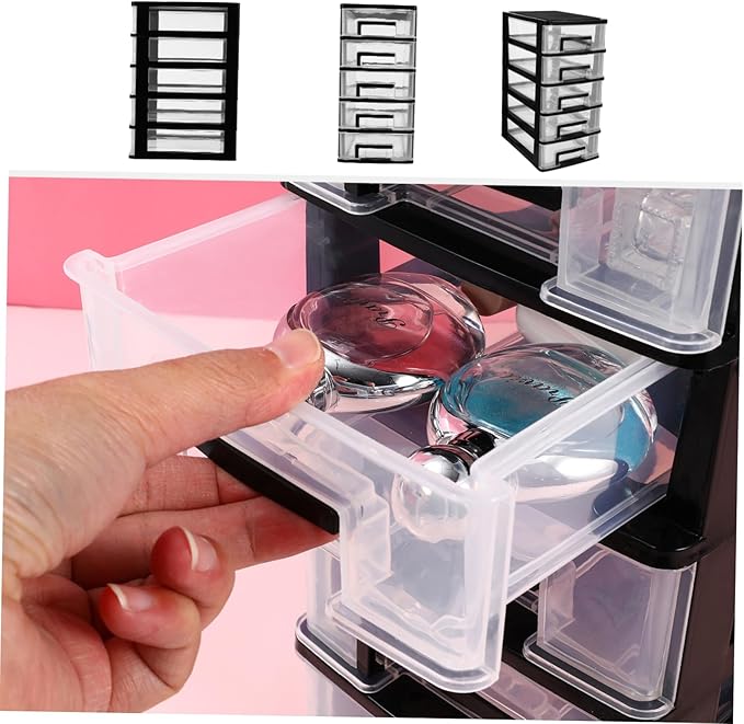 SAFIGLE Drawer Storage Cabinet：5 Clear Plastic Drawers Organizer for Home Office Vertical Design Storage Bin for Sundries Crafts and Stationery Black