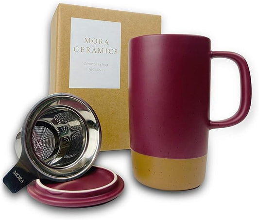 Mora Ceramics Large Tea Mug with Loose Leaf Infuser and Ceramic Lid, 18 oz, Portable, Microwave and Dishwasher Safe, Tall Coffee Cup - Rustic Matte Ceramic Glaze, Modern Herbal Tea Strainer, Merlot