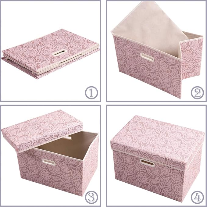 PRANDOM Collapsible Storage Boxes with Lids [5-Pack] Fabric Decorative Storage Bins Cubes Organizer Containers Baskets with Cover Handles Divider for Bedroom Closet Living Room Pink 14.9x9.8x9.8 Inch