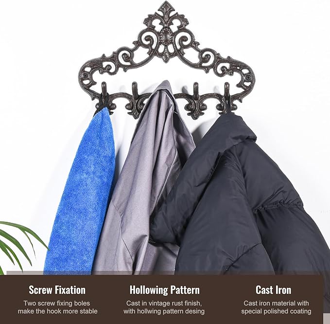 Sungmor Cast Iron Rustic Coat Hook Hanger with 5 Hooks - Practical Iron Storage Organizer/Wall Hooks Hanging Rack - Pretty Pattern Charming Wall Decor for Keys Clothes Hats