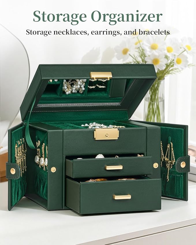 TORIBIO Jewelry Box for Women, Leather Jewelry Organizer with Mirror & Lock, 3-Tier Jewelry Storage Organizer with 2 Drawers for Girls/Women/Mothers, Necklace Earring Bracelets Holder Organizer