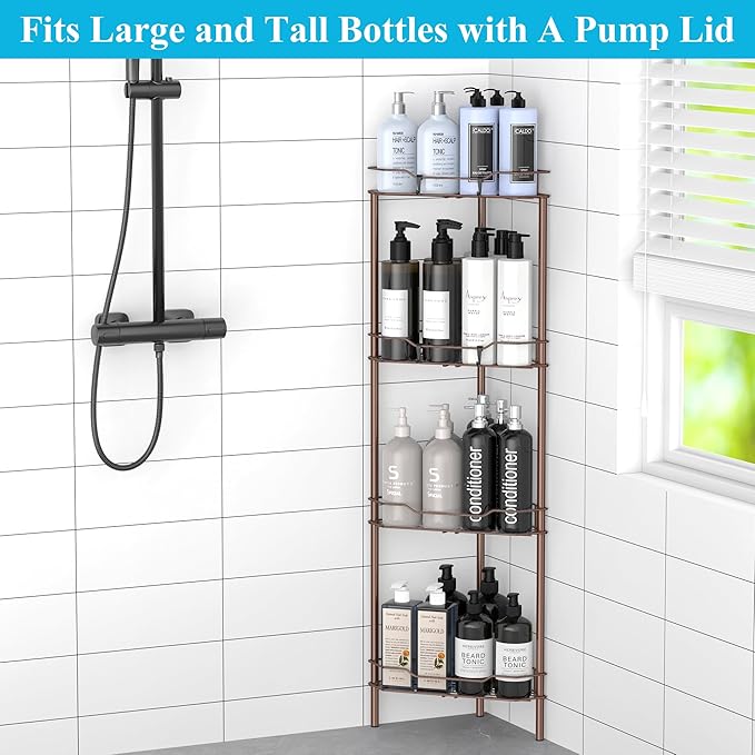 4 Tier Floor Standing Corner Shower Caddy Organizer Shelf with Hooks, Bathroom Shelves Stand Rack, Coffee