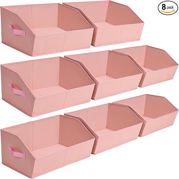 Closet Baskets for Shelves Trapezoid - Decorative Storage Baskets with Handle, Closet Bins for Organization, Shelf Storage Bins for Clothes, Books, Home, Office, 8 Pack, Pink