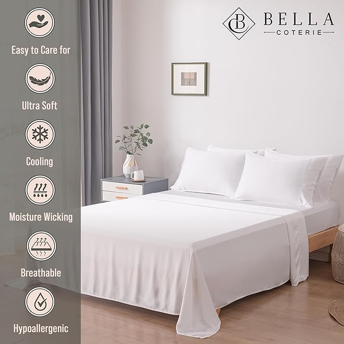 Bella Coterie 6 Piece Luxury Bamboo Viscose Queen Size Sheet Set | 100% Organically Grown | Cooling for Hot Sleepers | 18" Deep Pocket | Soft & Hypoallergenic | 4 Pillowcases [White]