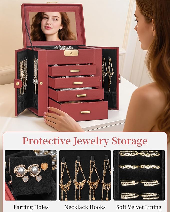 TORIBIO Jewelry Box for Women, Leather Jewelry Organizer with Mirror & Lock, 5-Tier Jewelry Storage Organizer with 4 Drawers for Girls/Women/Mothers, Necklace Earring Bracelets Holder Organizer