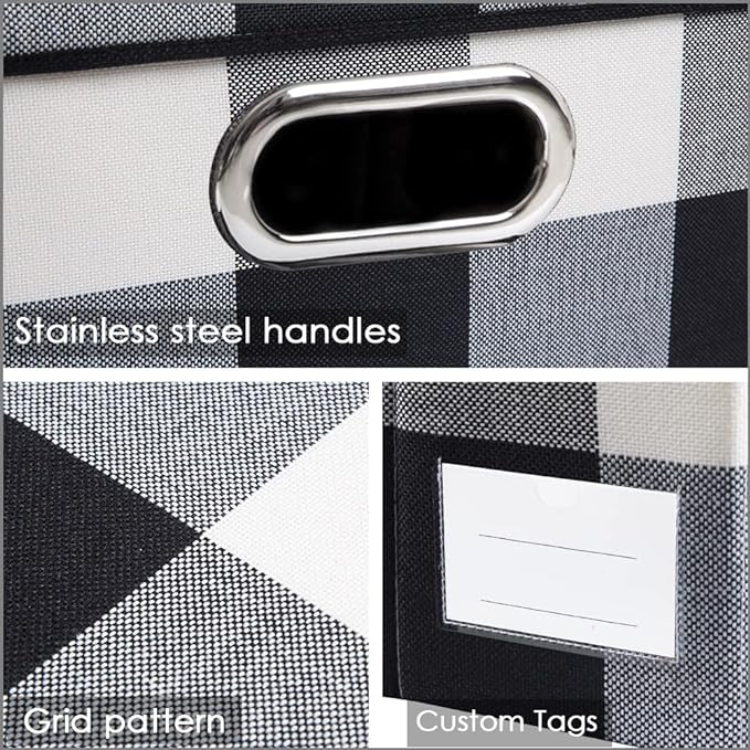 PRANDOM Large Collapsible Storage Baskets for Closet [3-pack] Decorative Fabric Storage Bins Cubes with Leather/Metal Handles for Shelves Bedroom Living Room Black and White Grid (14.9x9.8x8.3 Inch)