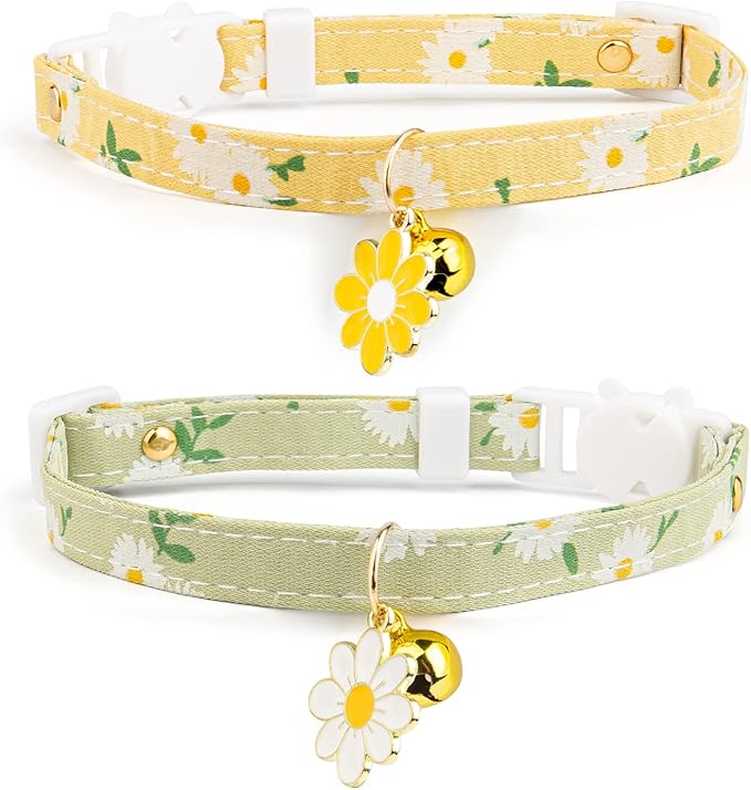 2 Pack Cotton Breakaway Cat Collar with Bell Yellow&Green Flowers Pendant Cute Kitten Cat Collar Suitable for Girls and Boys