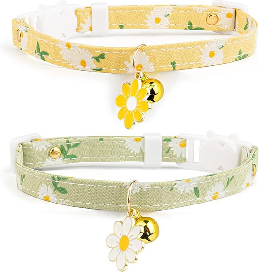 2 Pack Cotton Breakaway Cat Collar with Bell Yellow&Green Flowers Pendant Cute Kitten Cat Collar Suitable for Girls and Boys