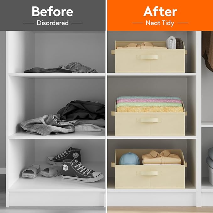 Lifewit Large Trapezoid Closet Storage Bins for Shelf, 6 Packs Non-woven Closet Organizer Baskets with Handles, Foldable Clothes Containers Boxes for Clothing, Book, Purse, 19L, Beige