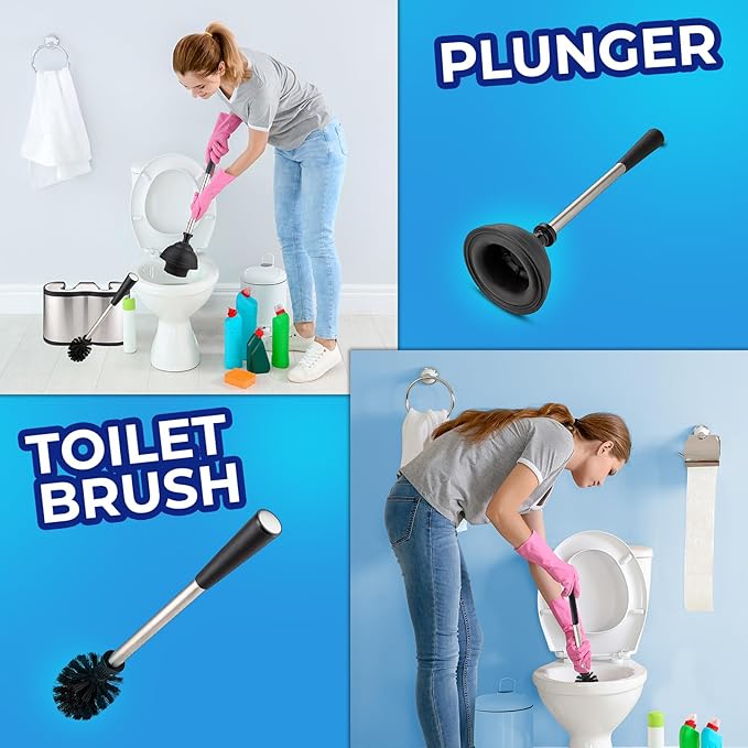 UMIEN Toilet Brush and Plunger Set 18-in - Updated 2025 No-Rust - Stainless Steel Design - Long Handles - with Freestanding Canister