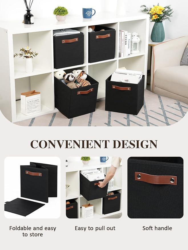 Temary 11x11 Storage Cubes Fabric Cube Storage Bins with Handles Clothes Storage Boxes Baskets for Organizing Home, Shelf, Closet (Black, 11 x 11 x 11)