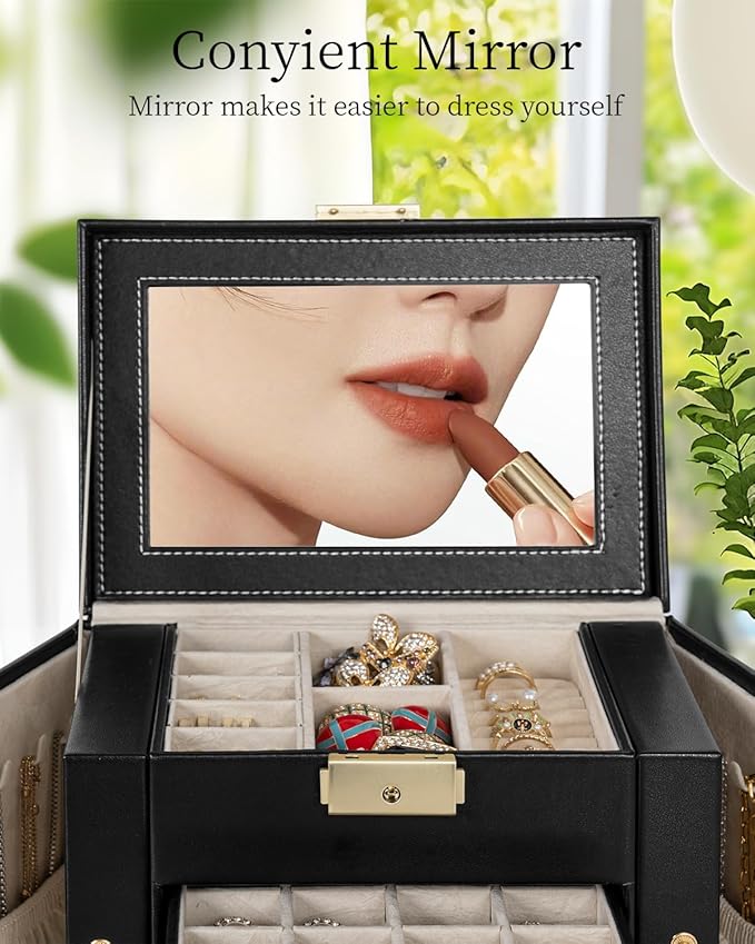TORIBIO Jewelry Box for Women, Leather Jewelry Organizer with Mirror & Lock, 4-Tier Jewelry Storage Organizer with 3 Drawers for Girls/Women/Mothers, Necklace Earring Bracelets Holder Organizer
