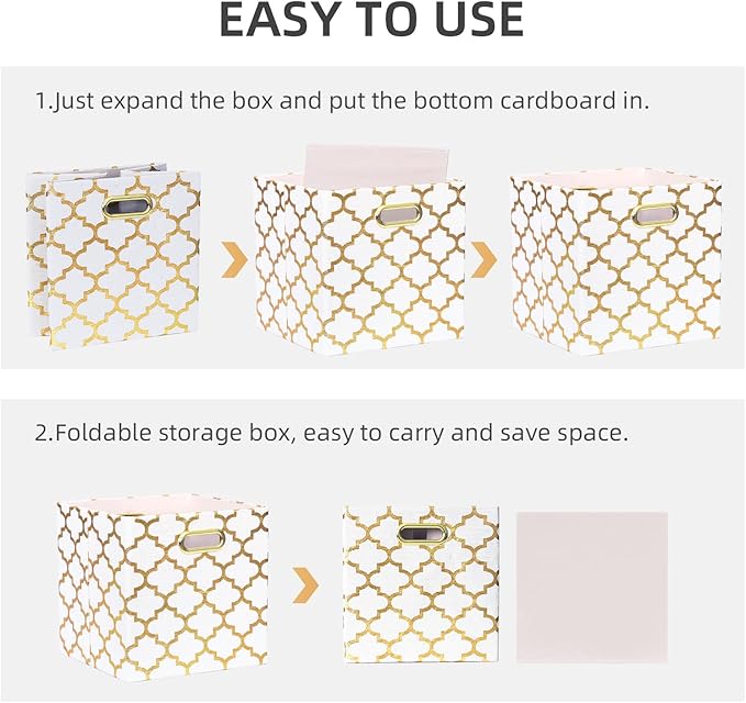 11x11x11 Cube Storage Bins, Collapsible Storage Bins Fabric Storage Cubes Organizer Baskets Box Drawers for Shelves, Closet, Wardrobe, Bookshelf, Cabinet, 3 Pack, White & Gold