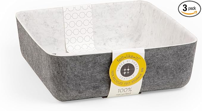 Three by Three Seattle felt·like·it!™ Small Cubby Storage Bin Set of 3 with Dividers – Eco-Friendly Recycled Felt Bins for Home & Office Organization, Charcoal