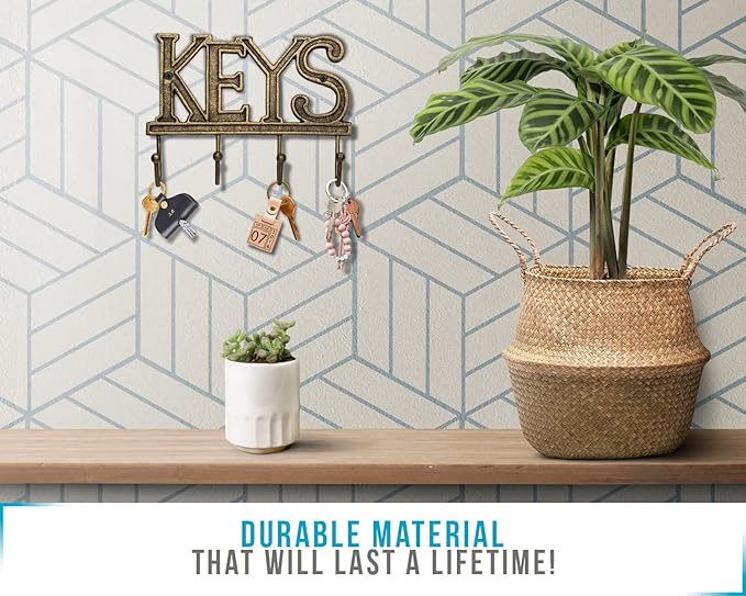 Comfify Key Holder for Wall - Decorative Farmhouse Rustic Wall Mount Key Organizer with 4 Hooks - Vintage Cast Iron Key Rack with Screws and Anchors – 6x8 - Gold with Black