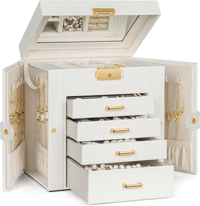 TORIBIO Jewelry Box for Women, Leather Jewelry Organizer with Mirror & Lock, 5-Tier Jewelry Storage Organizer with 4 Drawers for Girls/Women/Mothers, Necklace Earring Bracelets Holder Organizer