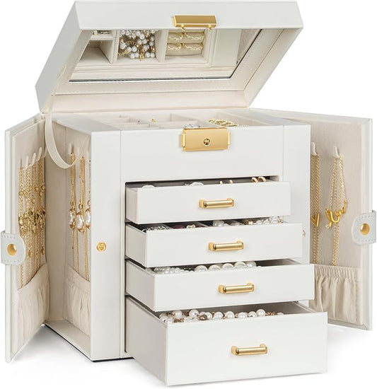 TORIBIO Jewelry Box for Women, Leather Jewelry Organizer with Mirror & Lock, 5-Tier Jewelry Storage Organizer with 4 Drawers for Girls/Women/Mothers, Necklace Earring Bracelets Holder Organizer