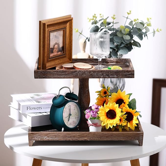 Farmhouse Tiered Tray Stand - Wooden Rustic 2 Tier Rectangular Tray Serving Stand for House Kitchen Cake(Brown)