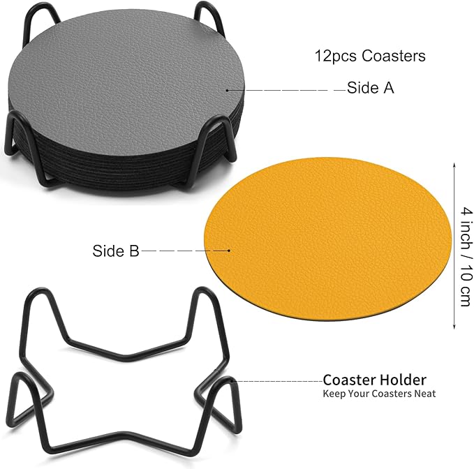 Drink Coasters with Holder, Faux Leather Coaster Sets of 12, Dual Sided for Coffee Cup Tabletop Protection Non-Slip Washable (Gray Yellow)