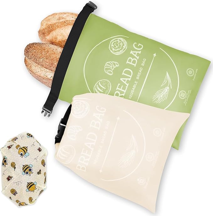 Bread Bags for Homemade with Beeswax Wrap - Zipper Reusable Bread Bag for Sourdough 2-Pack, Reusable Food Storage Bag to Keep Sourdough Fresh, Freezer-Safe, Eco-Friendly (Khai& Green)