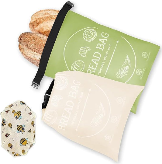 Bread Bags for Homemade with Beeswax Wrap - Zipper Reusable Bread Bag for Sourdough 2-Pack, Reusable Food Storage Bag to Keep Sourdough Fresh, Freezer-Safe, Eco-Friendly (Khai& Green)