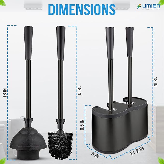 UMIEN Toilet Brush and Plunger Set 18-in - Updated 2025 No-Rust - Stainless Steel Design - Long Handles - with Freestanding Canister (Matte Black)