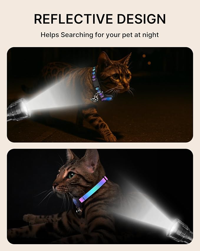 Cat Collar with Airtag Holder, 2 Pack Waterproof Breakaway Kitten Collar for Apple AirTag GPS Tracker, Adjustable Cat Collar with Buckle, Bell & Reflective Pattern for Cats, Kittens, Black (8-11")