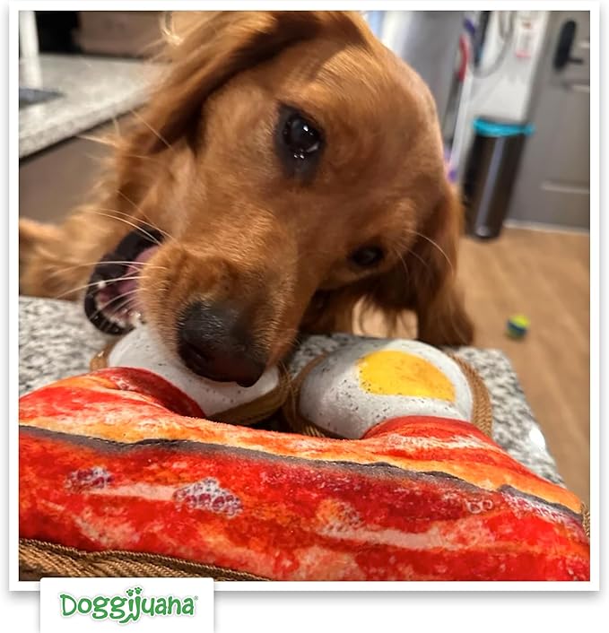 Doggijuana Tuffer Chewer Plush Dog Toy | Funny Dog Toy Plush with Juananip Catnip for Dogs | Calming Aid for Dogs | Interactive Squeaky Chew Toy for Play (Eggs & Bacon)