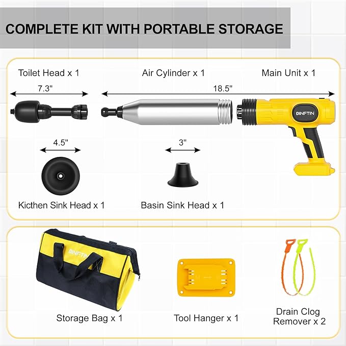 Electric Toilet Plunger Pro Compatible for Dewalt 20V Battery (Not Included) - Cordless Powerful High Pressure Unclogger, Drain Auger with 3 Heads for Bathroom, Safety & Portable Toilet Unclogged Tool