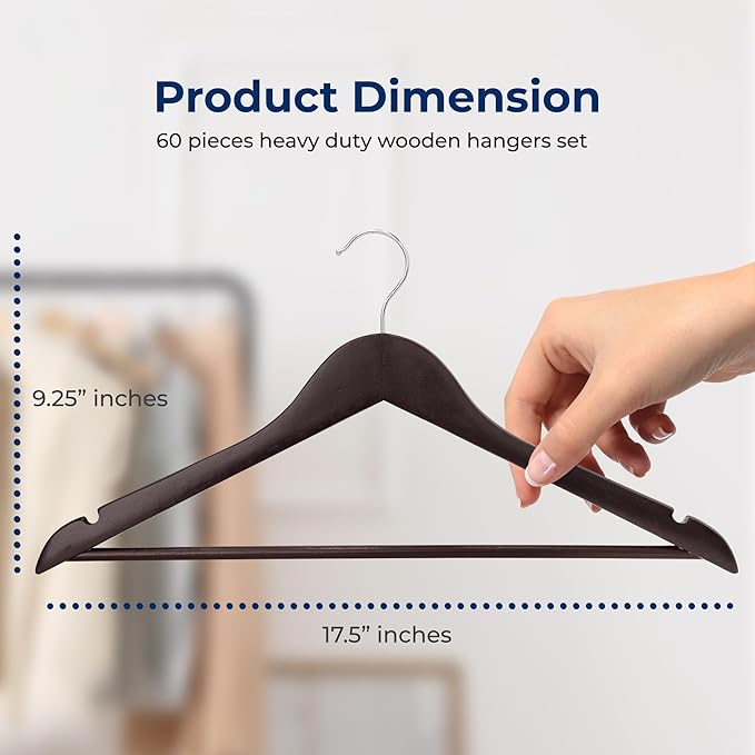 SereneLife 60 Pack Wooden Coat Hangers – Durable Suit Hangers with 360° Swivel Hook & Notches – Slim Design for Shirts, Jackets, Dresses, and More