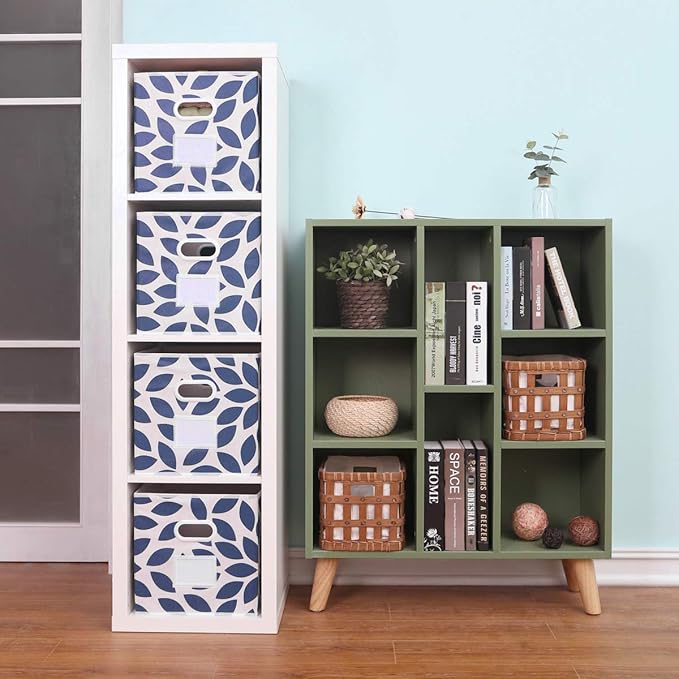 MAX Houser Fabric Storage Bins Cubes Baskets Containers with Dual Plastic Handles for Home Closet Bedroom Drawers Organizers, Flodable, Blue, Set of 4