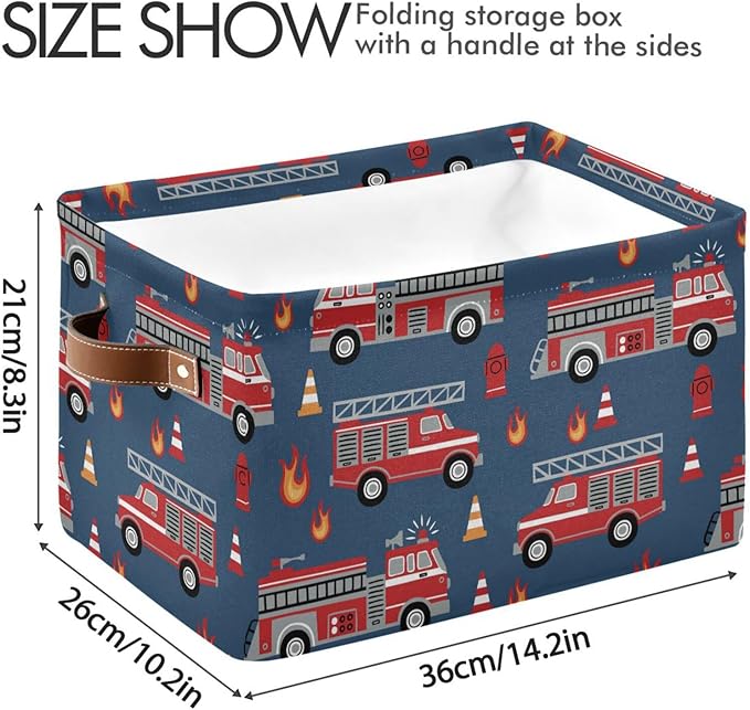 Fire Trucks Large Storage Basket Cube Storage Bin Canvas Fabric Organizer Handles Collapsible Decorative for Clothes Toys Bedroom