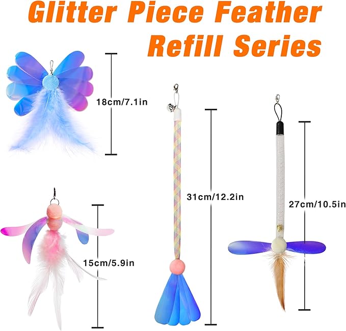 JXFUKAL Cat Feather Toy Refills, 4Pcs Simulation Butterfly Dragonfly Glitter Piece Feather Cat Lures Wand Attachment Replacement for Kitty Kitten Indoor Cats Accessories