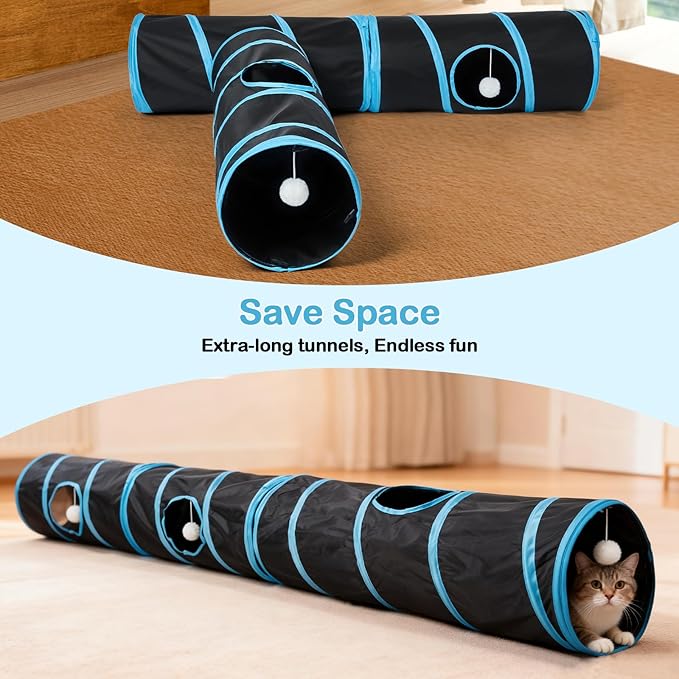 Cat Tunnel 3 Straight Shaped Pet Tunnels, Tube Cat Toys 6 DIY Shapes with Wand Toys, Scratch Resistant Collapsible Cats Tubes for Indoor Puppy, Kitten, Rabbit Black 82in