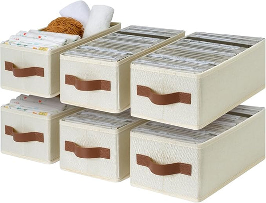 GRANNY SAYS Small Fabric Storage Bins, Storage Baskets for Shelves with PU Handles, Toilet Paper Storage, Mini Baskets for Organizing DVD, Photos, Clothes, Diaper, Sock, Cd, 6-Pack, Ivory