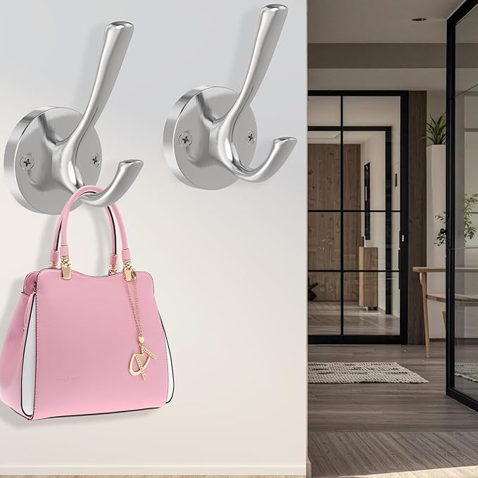 Brushed Nickel Wall Hooks, 6 Pack Coat Robe Hook Heavy Duty Metal Double Bath Hook Wall Mounted, Hand Towel Hooks for Cubicle Bathroom Kitchen Closet Garage