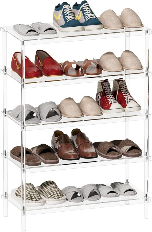 Aquiver 5-Tier Acrylic Shoe Rack - Clear Shoe Rack Organizer - Modern Shoe Storage Shelf, Holds 15-18 Pairs of Shoes for Entryway, Closet - 25.6'' L x 11.8'' W x 36.4'' H, Easy Assembly & Clean