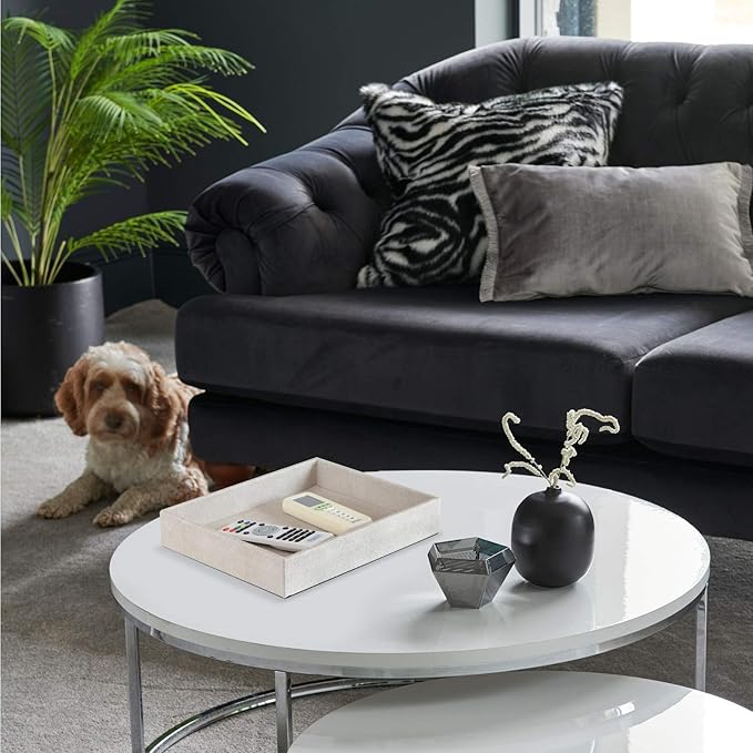 HofferRuffer Elegant Desktop Organizer, Vanity Tray, Bathroom Storage Tray Holder, Dresser Jewelry Tray, Change Coin Key Watch Catchall Tray, 10.2 x 8.4 x 1.8 inches (Light Grey Faux Leather Shagreen)