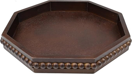 Retro Brown Octagonal Wood Decorative Tray, Small Farmhouse Wooden Serving Tray with Beads, Versatile Coffee Table Tray for Kitchen Counter, Ottoman, Living Room