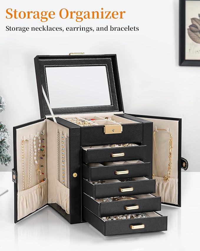 TORIBIO Large Jewelry Box for Women, Leather Jewelry Organizer with Mirror & Lock, 6-Tier Jewelry Storage Case for Girls/Women/Mothers, Necklace Earring Bracelets Holder Organizer
