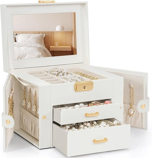 TORIBIO Jewelry Box for Women, Leather Jewelry Organizer with Mirror & Lock, 3-Tier Jewelry Storage Organizer with 2 Drawers for Girls/Women/Mothers, Necklace Earring Bracelets Holder Organizer