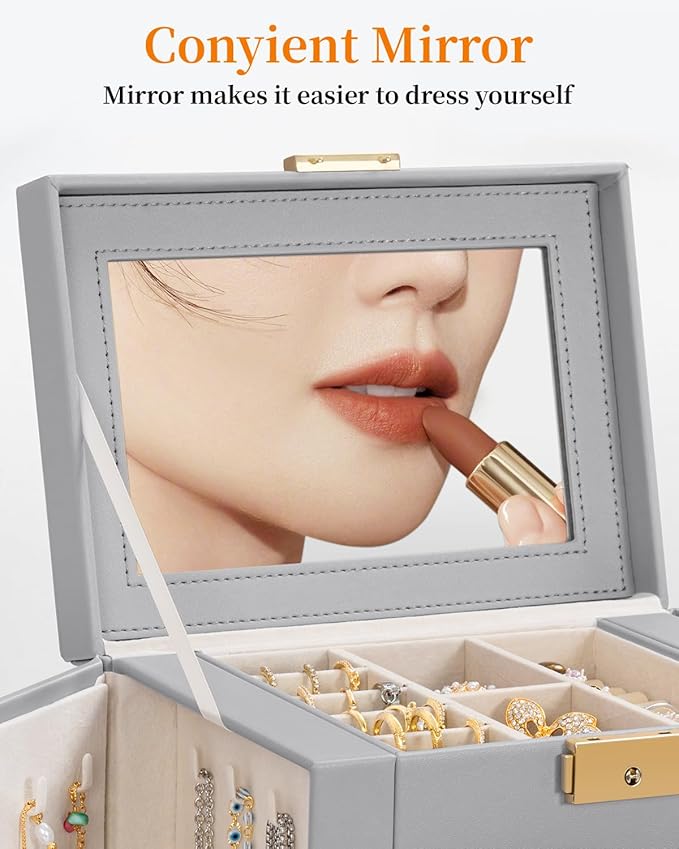 TORIBIO Large Jewelry Box for Women, Leather Jewelry Organizer with Mirror & Lock, 6-Tier Jewelry Storage Case for Girls/Women/Mothers, Necklace Earring Bracelets Holder Organizer