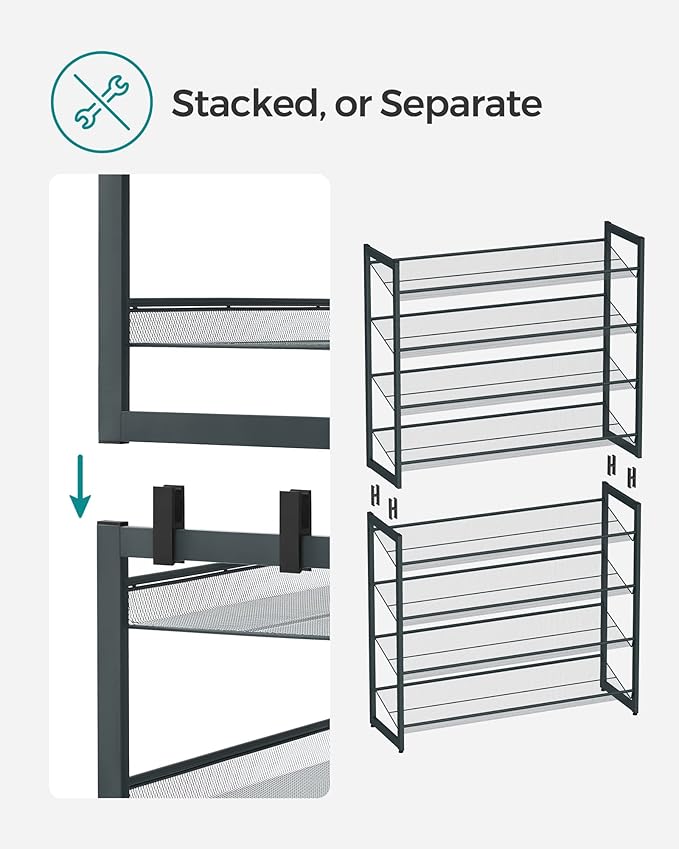 SONGMICS Shoe Rack, 8-Tier Shoe Organizer, Metal Rack for Garage, Set of 2, 4-Tier Stackable Shelf, with Adjustable Flat or Angled Shelves, 32-40 Pairs, Charcoal Gray ULMR08GB