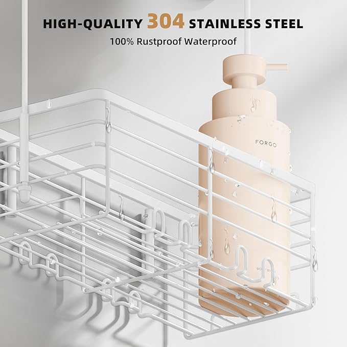 SHANSHUI Shower Hanging Caddy, Bathroom Shower Organizer Basket, Shampoo Bracket, Over Door Showers Rack with Hooks, 304 Stainless Steel Rustproof White