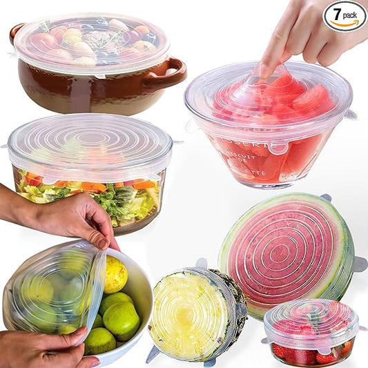 Reusable Silicone Stretch Lids for Food Storage – Elastic Bowl Covers Fit Round & Rectangle Containers, Jars, Cups – Heat-Resistant, Dishwasher Safe, Premium Kitchen Gadgets (7-Piece Set)