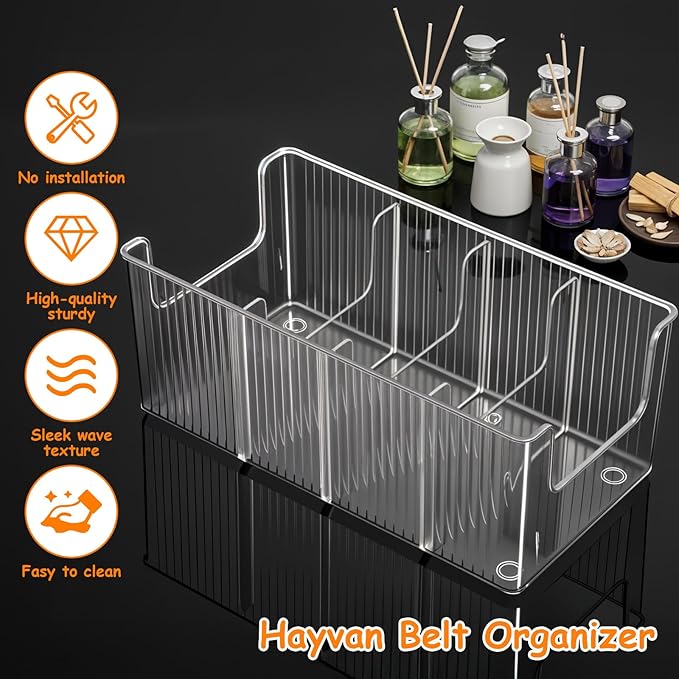 2-Pack Belt Storage Organizer, Acrylic Belt Organizer with 8 Detachable Compartments, Clear Belts Holder for Closet & Drawer, Fits Most Sizes, Space-Saving Design for Ties, Bows & Jewelry