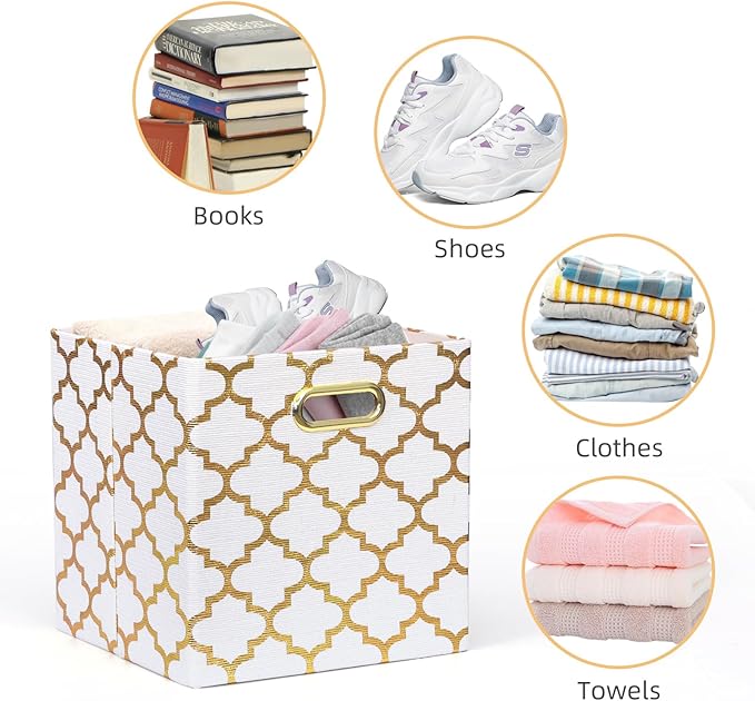 11x11x11 Cube Storage Bins, Collapsible Storage Bins Fabric Storage Cubes Organizer Baskets Box Drawers for Shelves, Closet, Wardrobe, Bookshelf, Cabinet, 3 Pack, White & Gold