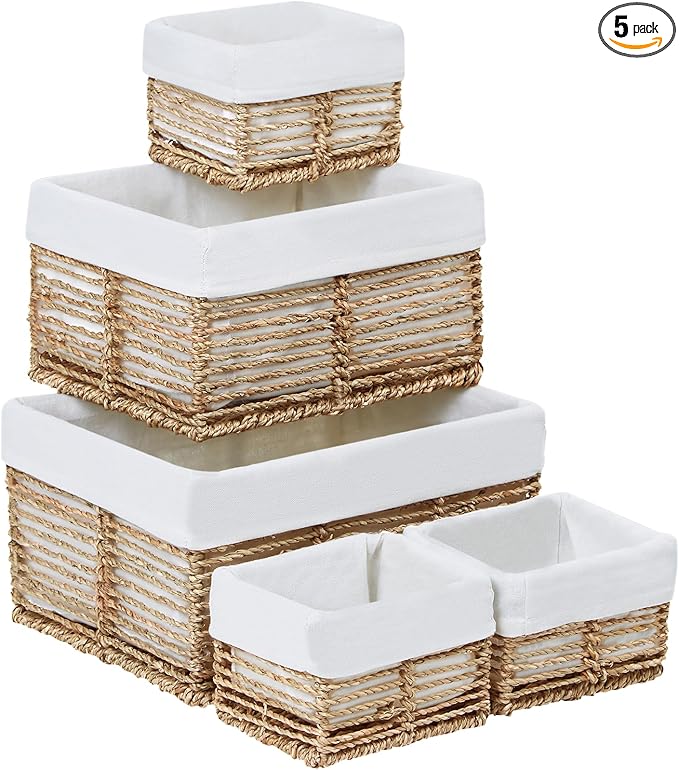 Vagusicc Wicker Storage Basket, 5 Pack Baskets for Organizing, Seagrass Storage Baskets, Rectangular Wicker Baskets for Storage Shelves, Cube Storage Bins For Closet/Clothes/Dresser